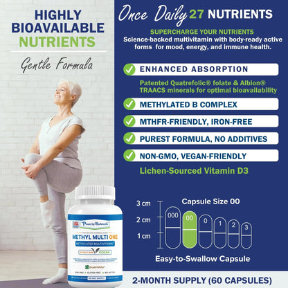 Power By Naturals Methyl Multi One - Iron-Free Methylated Multivitamin with Quatrefolic 5-MTHF, Active B12, P5P, CoQ10 & Zinc for MTHFR Support Power By Naturals