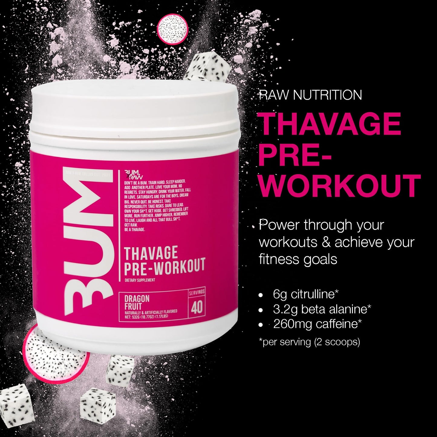 RAW Pre Workout Powder, Thavage (Beach Bum) - Chris Bumstead Sports Nutrition Supplement for Men & Women - Cbum Pre Workout for Working Out, Hydration, Mental Focus & Energy - 40 Servings