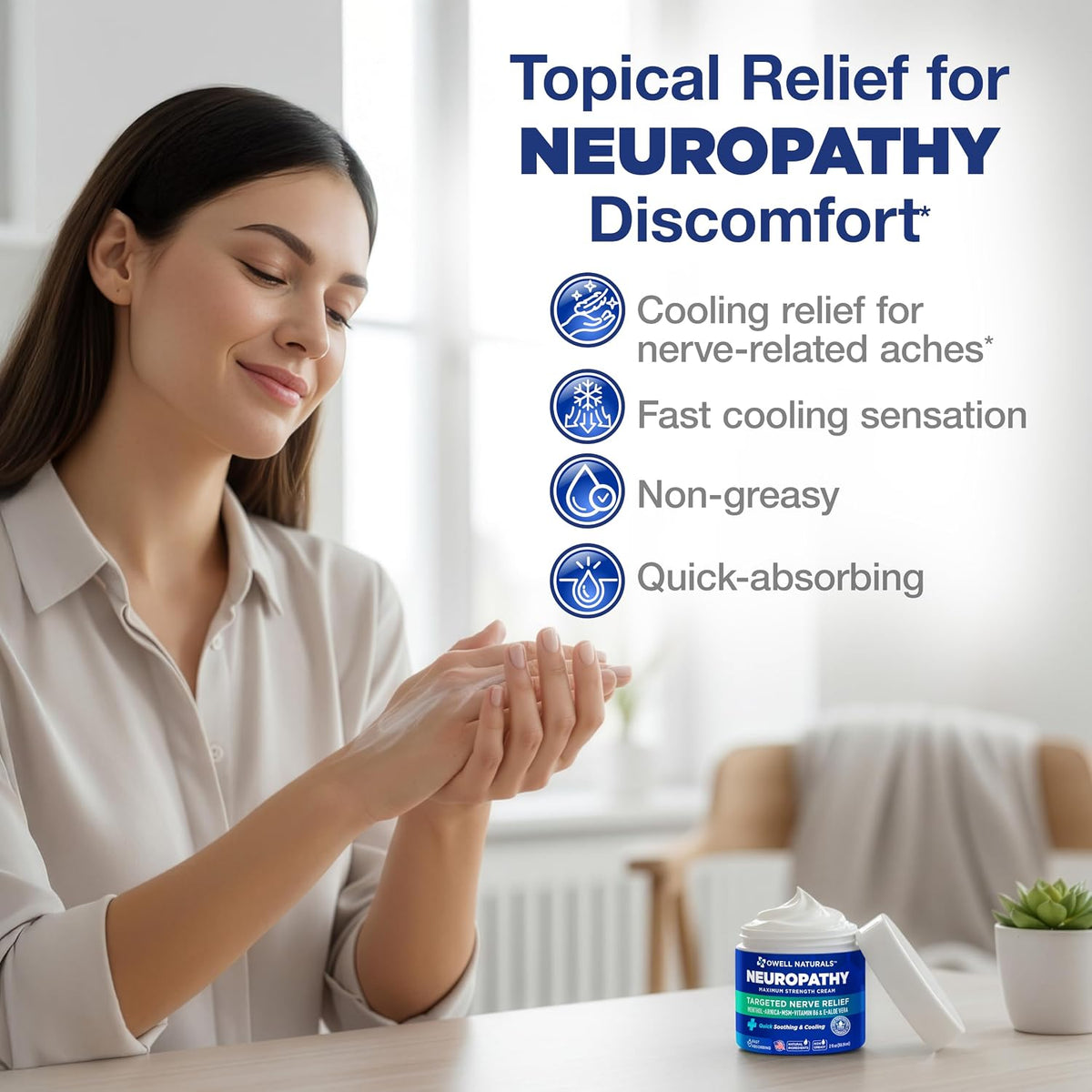 Supplement Product​Owell Naturals Neuropathy Cream Extra Strength – Fast Absorbing Cooling for Leg, Feet & Hands – Advanced Soothing Formula with Aloe Vera, Arnica, MSM & Vitamin B6 – Made in USA, 2 fl oz - GlowUpCaUSA