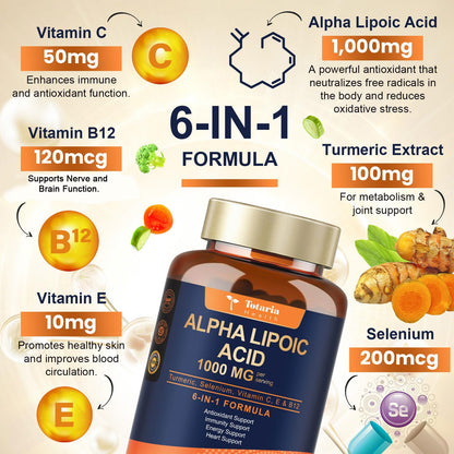 Totaria Alpha Lipoic Acid 1000mg - ALA Supplement Antioxidant for Neuropathy Support Nerve Health, Liver Detox, Antioxidant, Metabolism and Cell Energy, Anti-Aging - Non-GMO, Gluten Free, Vegan Safe