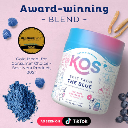 KOS Energizing Blue Spirulina Blend - USDA Certified Organic - B Vitamins, Ashwagandha, Ginseng, Adaptogens, Biotin - Vegan Pre Workout Powder - Caffeinated, Berry Flavored, 28 Servings KOS buy supplements Au