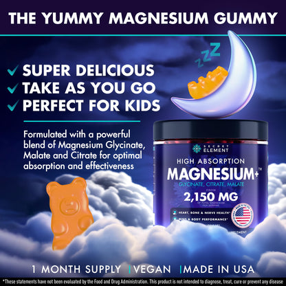 Magnesium Glycinate 2150MG Gummies for Women and Men, High Absorption Magnesium Glycinate, Citrate, Malate, Sugar Free, Vegan, 60 Chews, Pack of 2, Orange Secret ElementBuy Supplements Australia