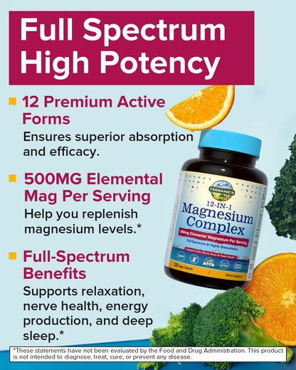 Terranics 12-in-1 Magnesium Complex 500mg, High Absorption Chelated Magnesium Glycinate, Citrate, Malate, Taurate, Orotate & More, for Sleep, Calm, Energy, Heart, Vegan, Non-GMO,120 Capsules Terranics buy supplements Au