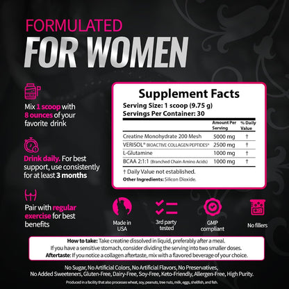 Bold Buns Creatine for Women – Supplement with Collagen & BCAA – Supports Muscle Development, Post-Workout Recovery, Skin Elasticity, Healthy Hair & Nail (2 Pack x 30 Servings, Unflavored)