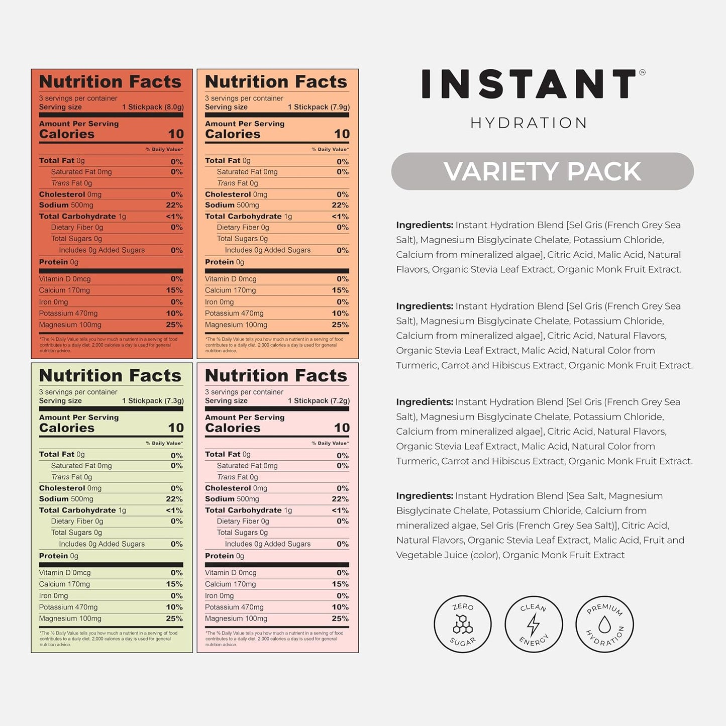 Instant Hydration Electrolytes Powder Packets - Variety Pack - Zero Sugar - Keto, Vegan, Gluten-Free, Non-GMO - Boost Recovery, Brain Function, Muscle & Tissue Health - 12 Sticks
