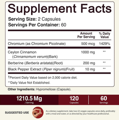 NutriFlair Ceylon Cinnamon, Berberine, Chromium 1200mg, 120 Capsules | Premium Botanical Blend, High Potency Formula, Non-GMO, Third Party Tested. Contains Berberine HCl