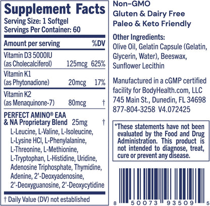 BodyHealth D3 + MK7 - Vitamin D3 5000IU, Vitamin K1, Vitamin K2 - Easy to Swallow Supplement, Supports Bone Strength & Calcium Absorbtion* - 60 Softgels