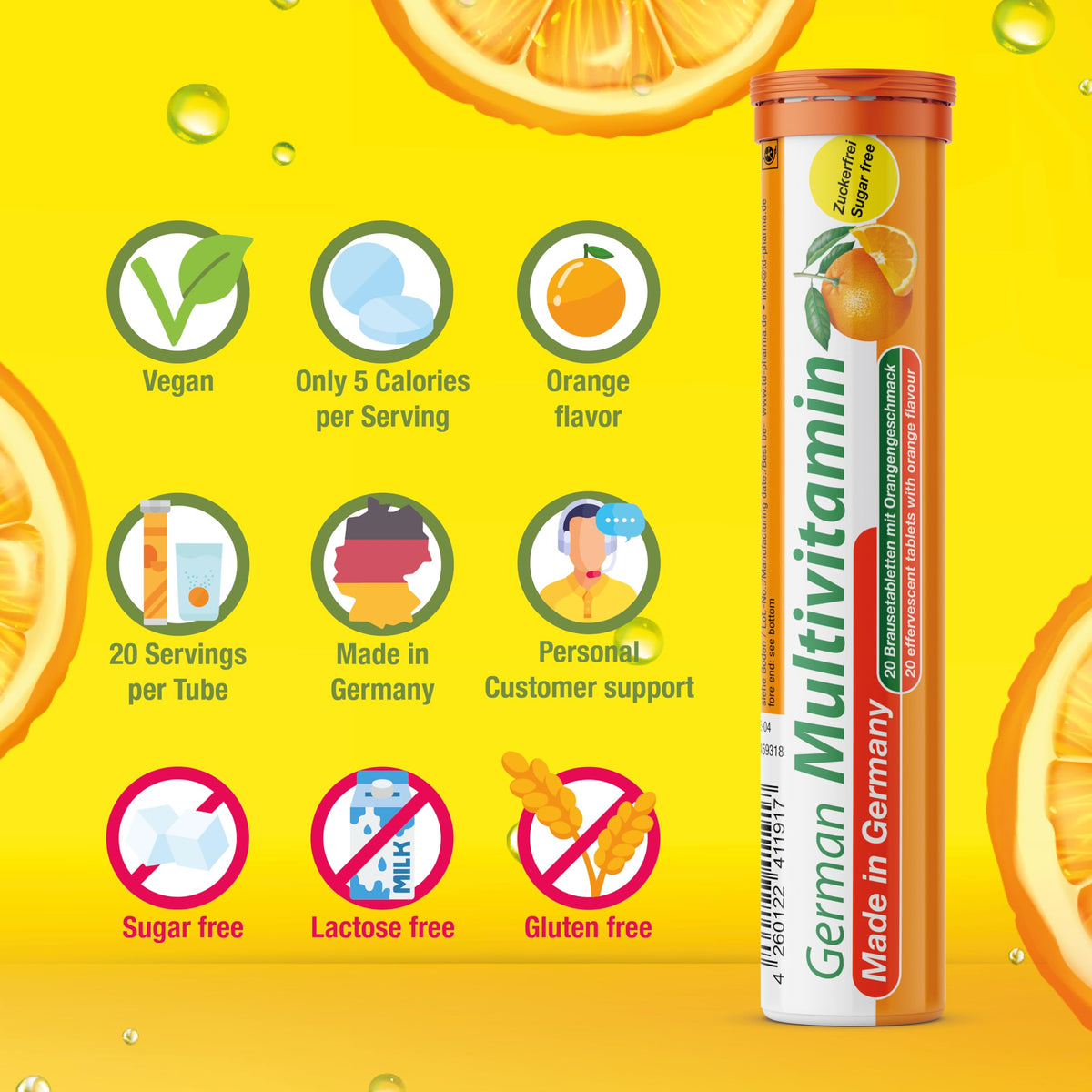 T&D German Multivitamin Drink Effervescnet Tablets 140 Servings Orange Flavour - Vitamin C, E, B1, B2, B6, B12, Biotin, Folic Acid, Niacin, Pantothenic Acid Pharma – Made in Germany T&D buy supplements Au