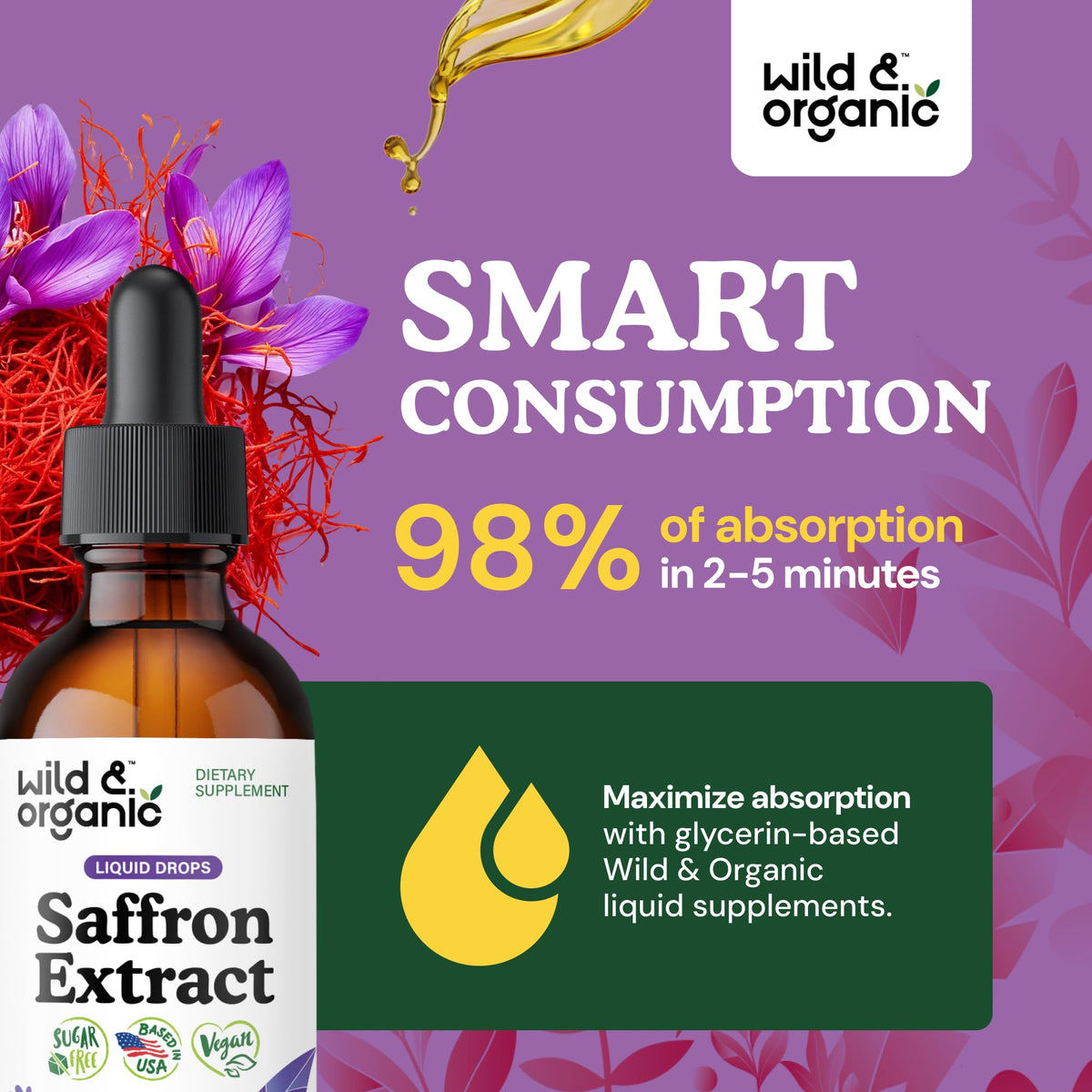 Wild & Organic Saffron Supplements 88.5 mg - Mood, Brain & Vision Support - Liquid Saffron Drops - Add to Tea - Crocus Sativus Herb Extract - Vegan, Sugar & Alcohol-Free Tincture - 2 fl oz