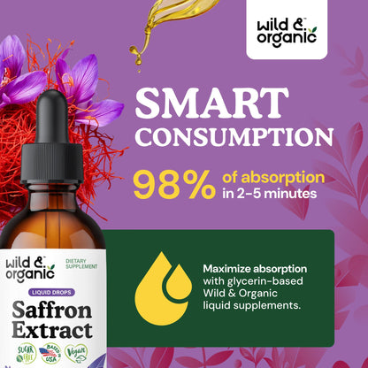 Wild & Organic Saffron Supplements 88.5 mg - Mood, Brain & Vision Support - Liquid Saffron Drops - Add to Tea - Crocus Sativus Herb Extract - Vegan, Sugar & Alcohol-Free Tincture - 2 fl oz