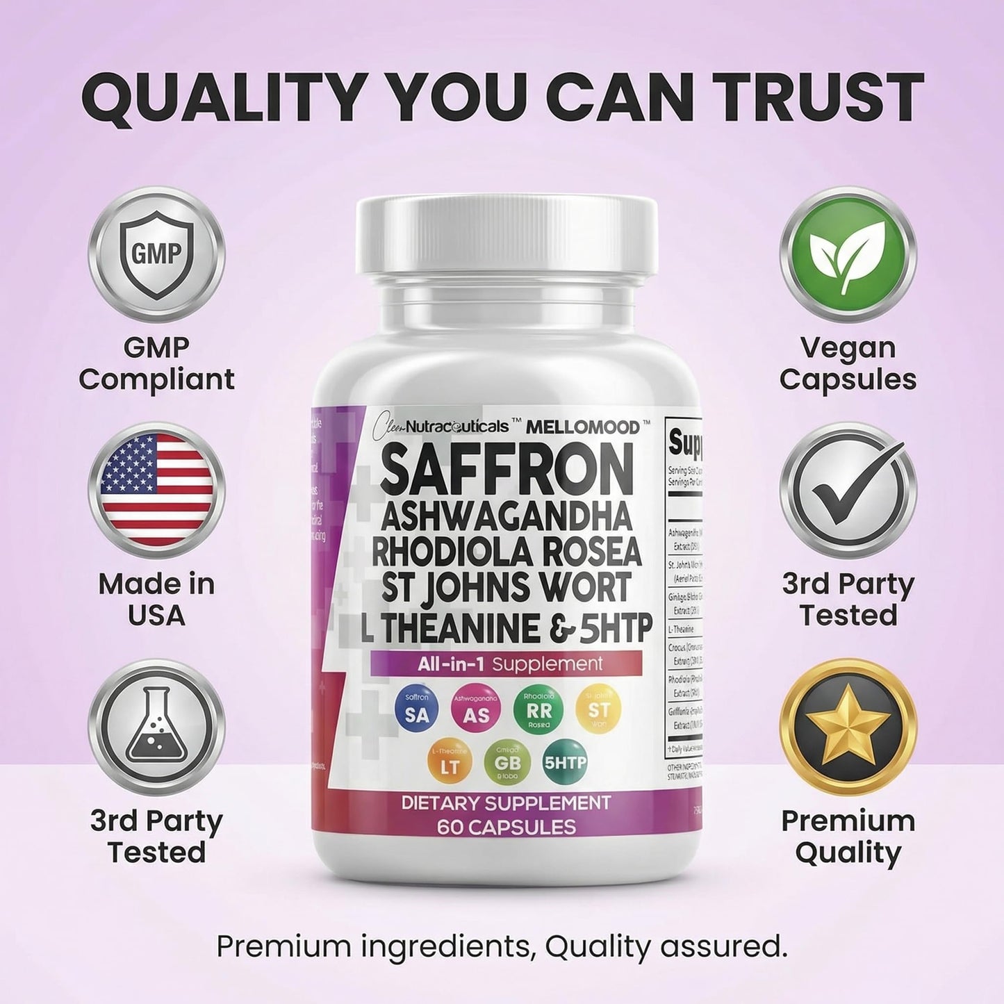 Clean Nutraceuticals Saffron Supplements Extract 100mg + Ashwagandha L-Theanine 200mg - Mood Support Ginkgo Biloba, St. John's Wort, Rhodiola Rosea & 5-HTP Capsules Pills Men Women