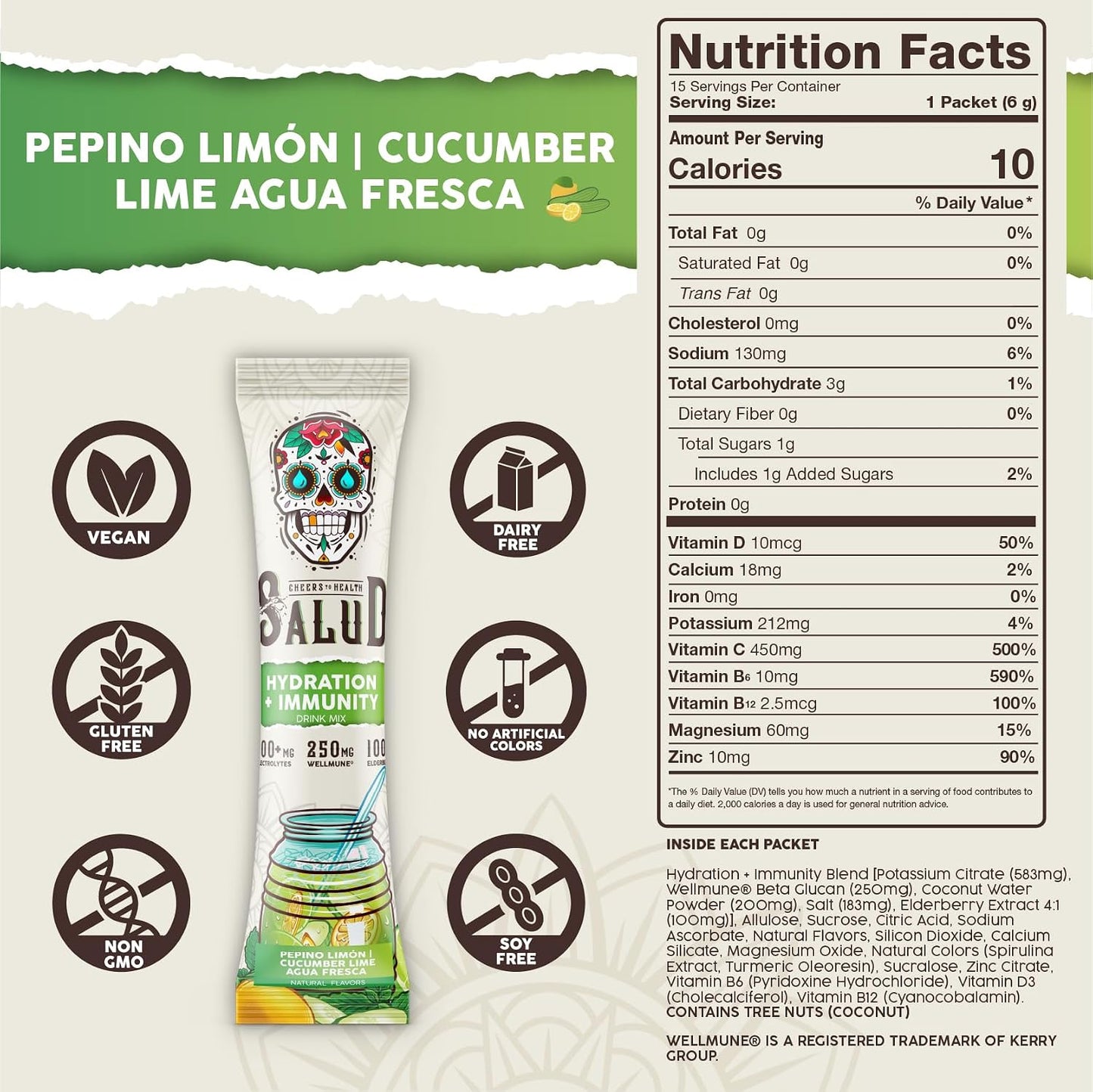 Salud 2-Pack |2-in-1 Energy + Focus (Peach Lemonade) & Hydration + Immunity (Cucumber Lime) – 15 Servings Each, Agua Fresca Drink Mix, Non-GMO, Gluten Free, Vegan, Low Calorie, 1g of Sugar