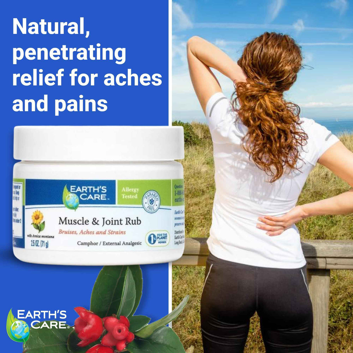Earth's Care Muscle & Joint Rub - for Sore Muscles, Bruises, Aches and Strains - 2.5 OZ.