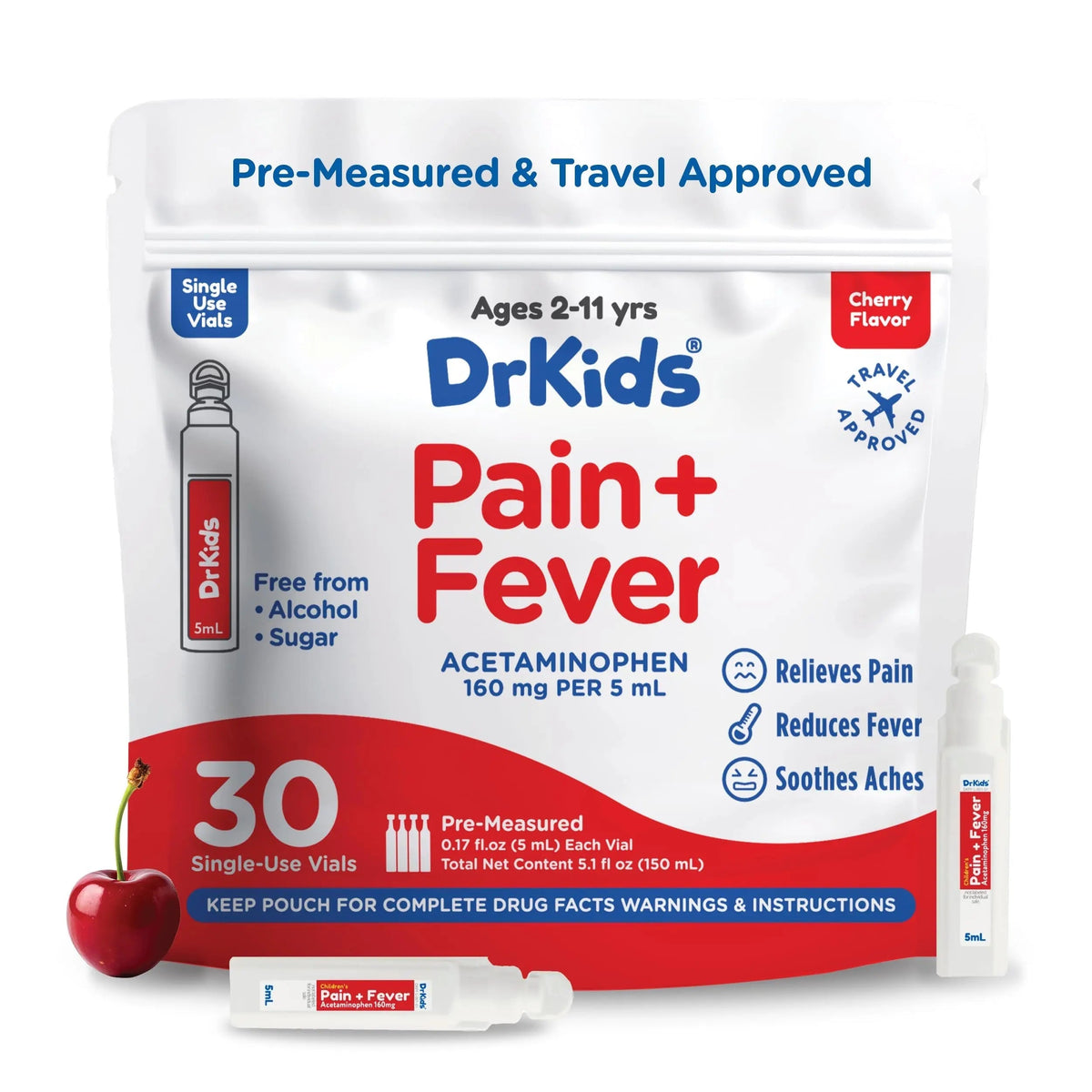 Dr. Kids Children’s Pain and Fever Medicine - Acetaminophen for Kids Ages 2-11, Pre-Measured Single-Use Vials for Headache, Sore Throat, Cold and Flu, Cherry Flavor, 30 Count Dr. KidsBuy Supplements Australia