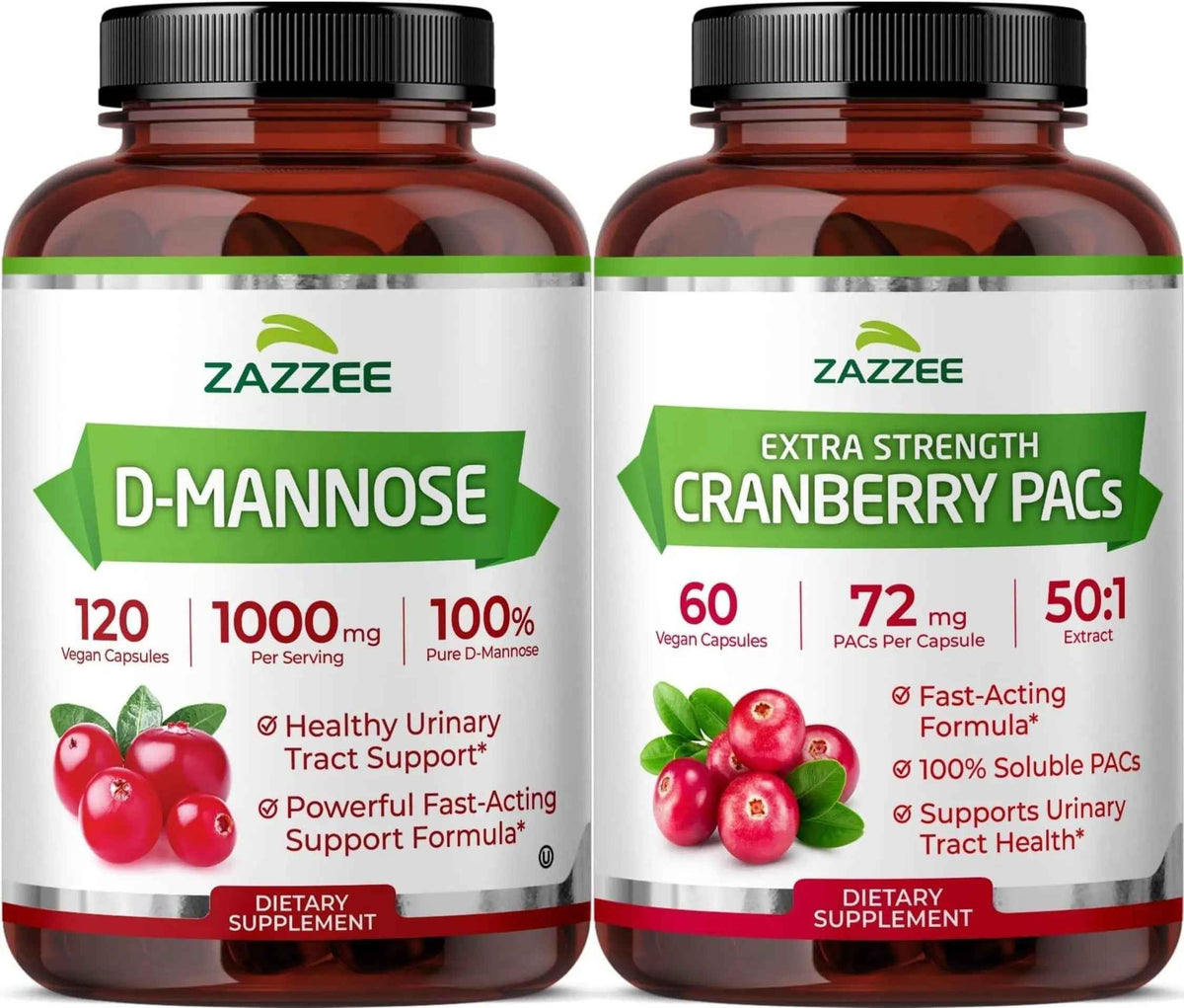 Zazzee Ultimate Urinary Tract Support Bundle | Super Concentrated Proanthocyanidin Cranberry Extract Capsules Plus D-Mannose 1000mg Capsules for UT & Bladder Cleansing (60 Servings Each)