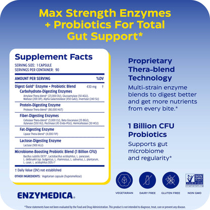 Enzymedica Digest Gold + Probiotics - Digestive Enzyme Supplement for Women & Men, Enzyme and Probiotic Capsules for Digestion, Gut Health Support, Helps Gas & Bloating, Vegetarian - 45 Caps