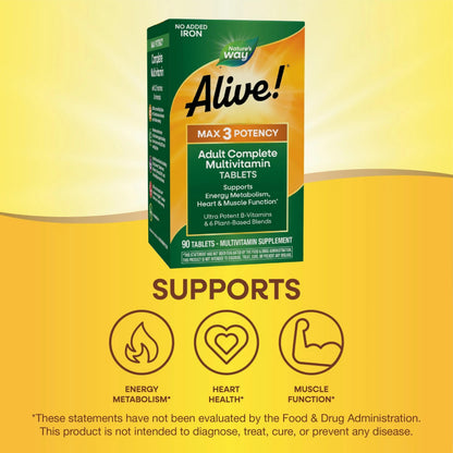 Nature's Way Alive! Max3 Potency Adult Complete Multivitamin, High Potency B-Vitamins to Support Energy Metabolism Nature's Way