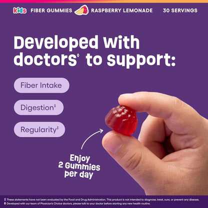 Physician's Choice Fiber Gummies for Kids - Supports Regularity, Occasional Constipation & Digestive Health - Sugar Free, Vegan, No Artificial Flavors - 3g Prebiotic Fiber - Raspberry Lemonade - 60 CT