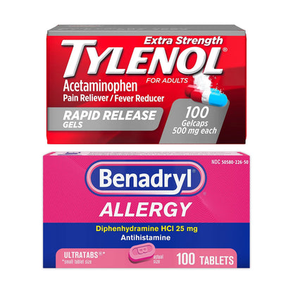 Benadryl Ultratabs Antihistamine Allergy Relief Tablets with 25 mg Diphenhydramine HCl, 100 ct and Tylenol Extra Strength Pain Reliever Rapid Release Gels with 500 mg Acetaminophen, 100 ct TylenolBuy Supplements Australia