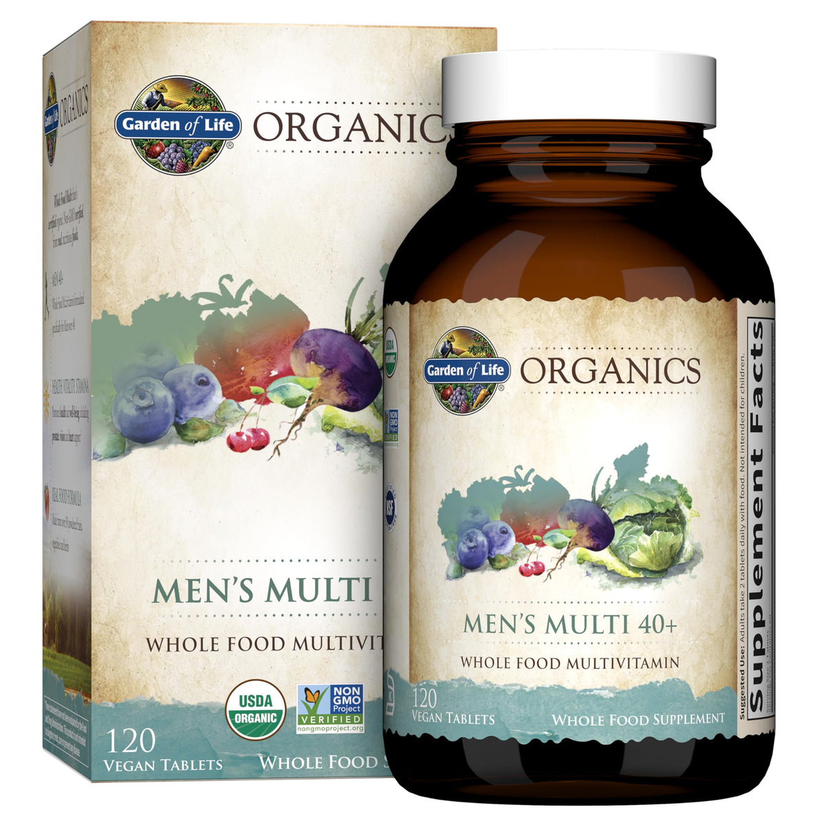 Garden of Life Organics Men's Multi 40+ supplement bottle and packaging on a white background