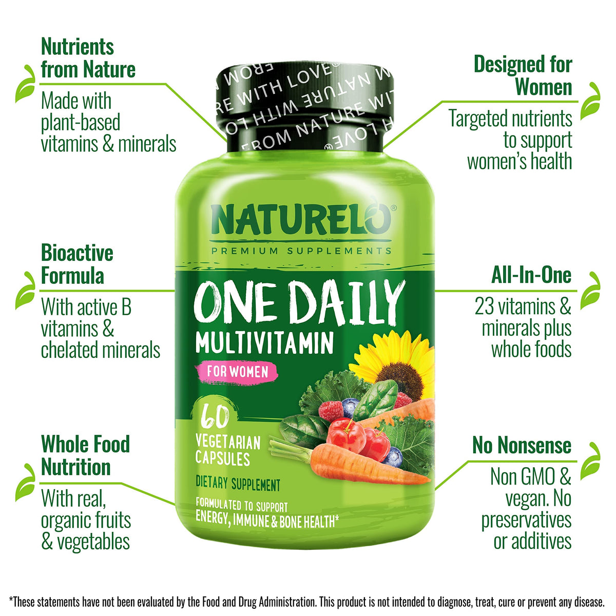 NATURELO One Daily Multivitamin for Women w/Vitamin B12, 60 Ct, Energy Support, Whole Food Daily Women Multivitamin Supplement, Nourish Hair/Skin/Nail, Non-GMO, No Soy, Gluten Free, 2 Month Supply NATURELO buy supplements Au