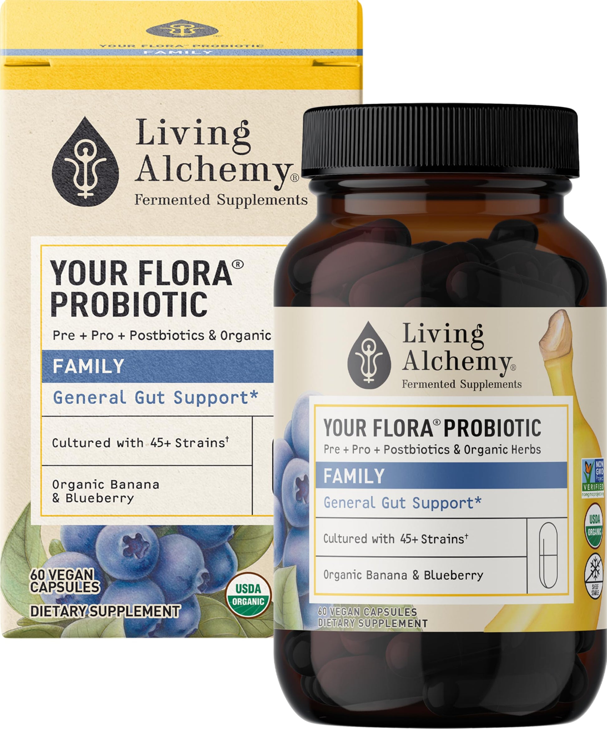 Living Alchemy Your Flora Probiotic supplement bottle and packaging on a white background