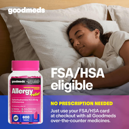 GoodMeds Allergy Medicine Antihistamine, Diphenhydramine HCl 25 mg | Children and Adults | Relieve Itchy Eyes, Runny Nose, Sneezing (25 mg, 600 Tablets) GoodMeds buy supplements Au