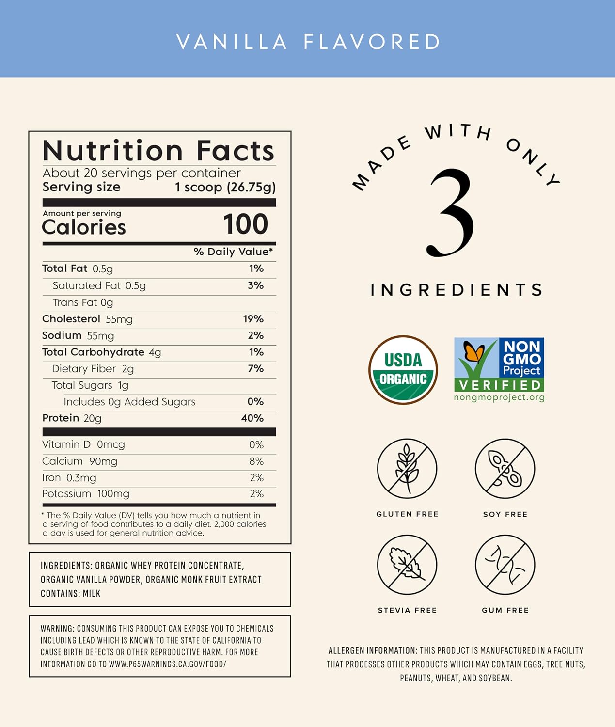 Truvani Organic Whey Protein Powder | Vanilla | 20 Servings | 20g Grass Fed Whey Protein | USDA Organic & Non-GMO | Gluten Free | No Gums, No Soy, No Stevia, No Added Sugars