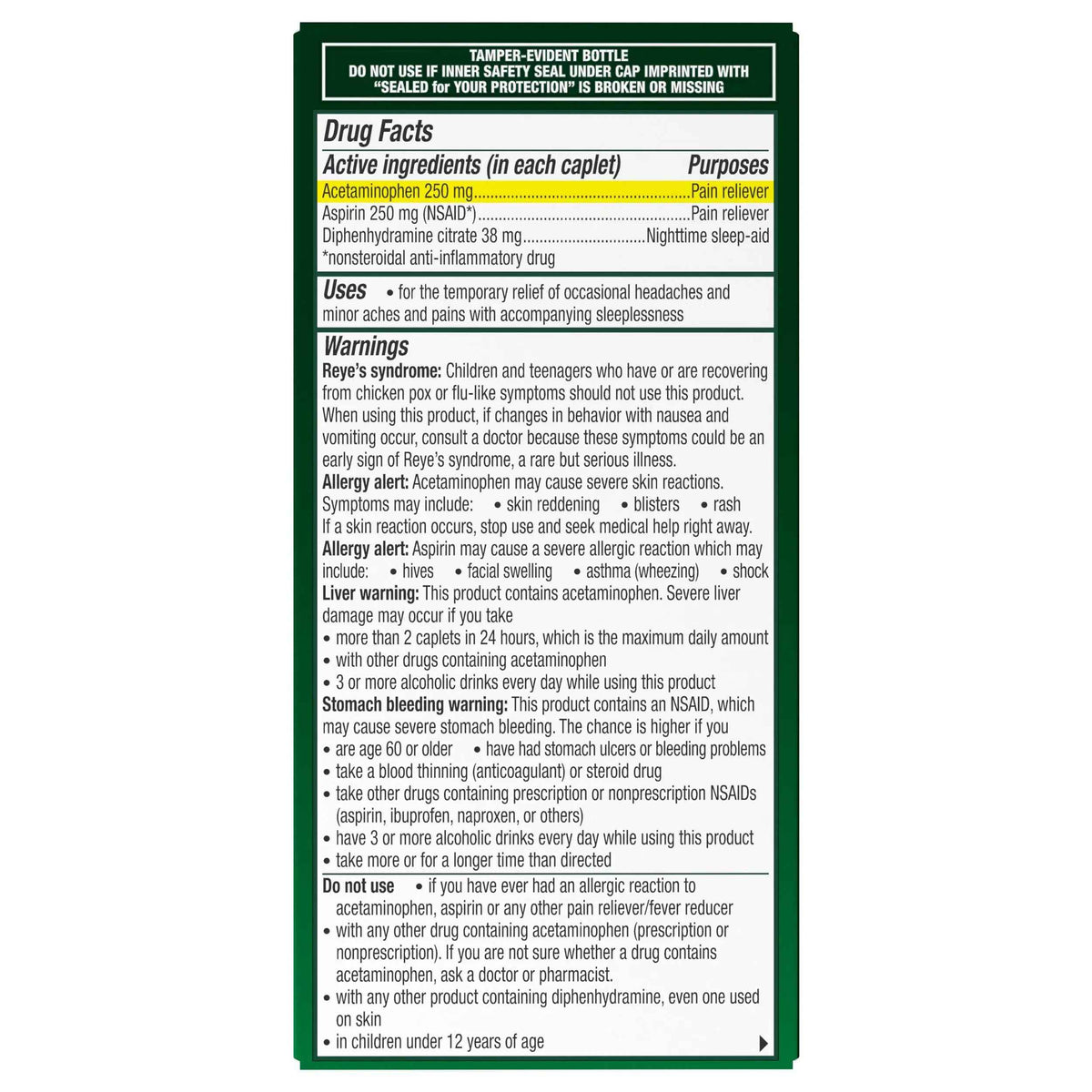 Excedrin PM for Headache Relief, Acetaminophen 250mg, Aspirin 250mg, Diphenhydramine Citrate 38mg, Pain Reliever, Nighttime Sleep-Aid, 100 Count