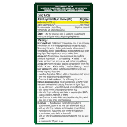 Excedrin PM for Headache Relief, Acetaminophen 250mg, Aspirin 250mg, Diphenhydramine Citrate 38mg, Pain Reliever, Nighttime Sleep-Aid, 100 Count
