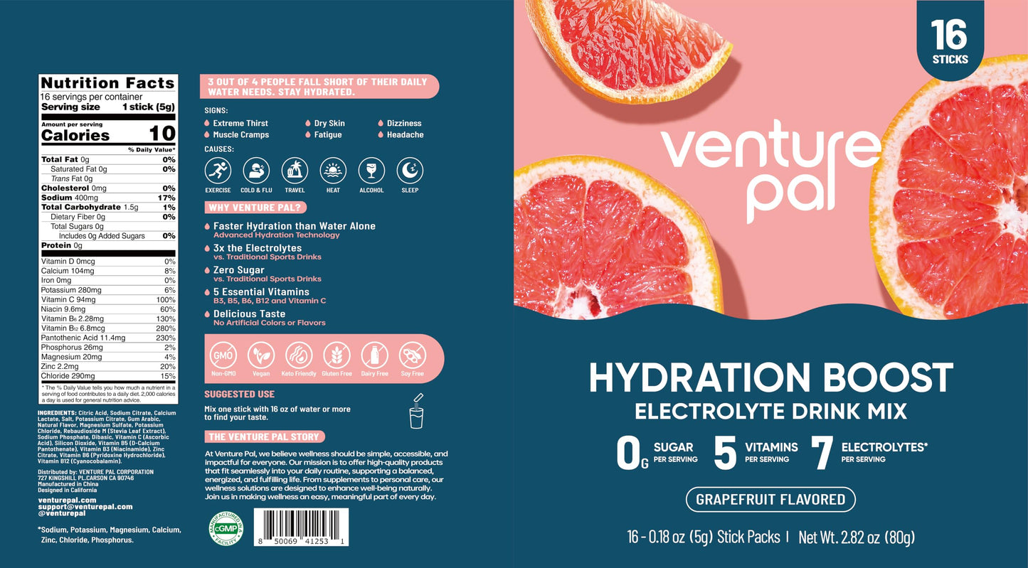 Venture Pal Sugar Free Electrolyte Powder Packets, Keto Friendly, 16 Sticks | Liquid Daily IV Hydration Packets for Rapid Rehydration. 7 Electrolytes & 5 Vitamins | Non-GMO | Vegan | Fast Dissolve