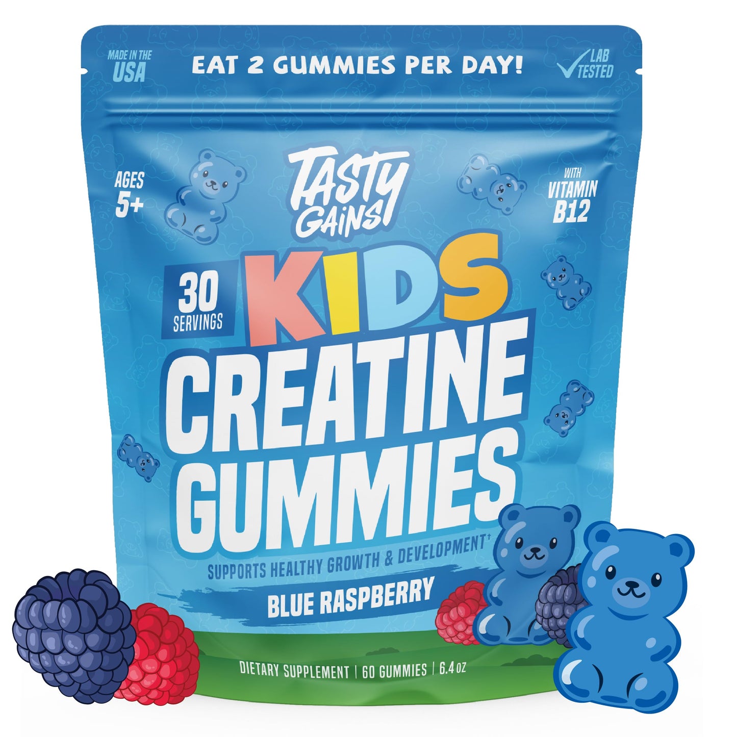 Package of Tasty Gains Kids Creatine Gummies with blue raspberry flavor on a white background