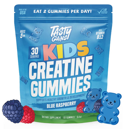 Package of Tasty Gains Kids Creatine Gummies with blue raspberry flavor on a white background