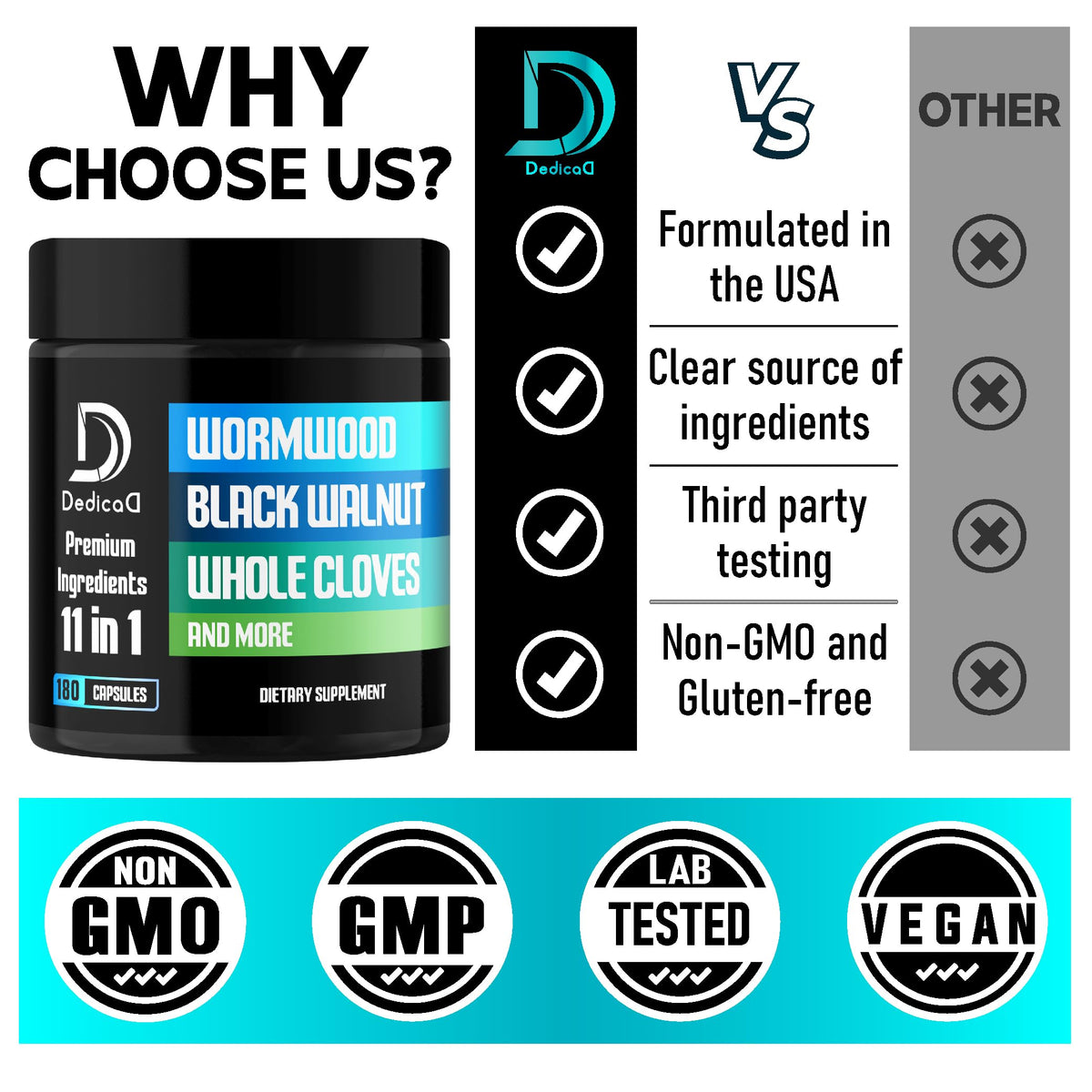DEDICAD 11in1 Wormwood Capsules - 180 Capsules Extracted from Black Walnut, Cloves, Ginger, Turmeric, Apple, Berberine HCl & More - Support Immune System for 3 Months DEDICAD buy supplements Au