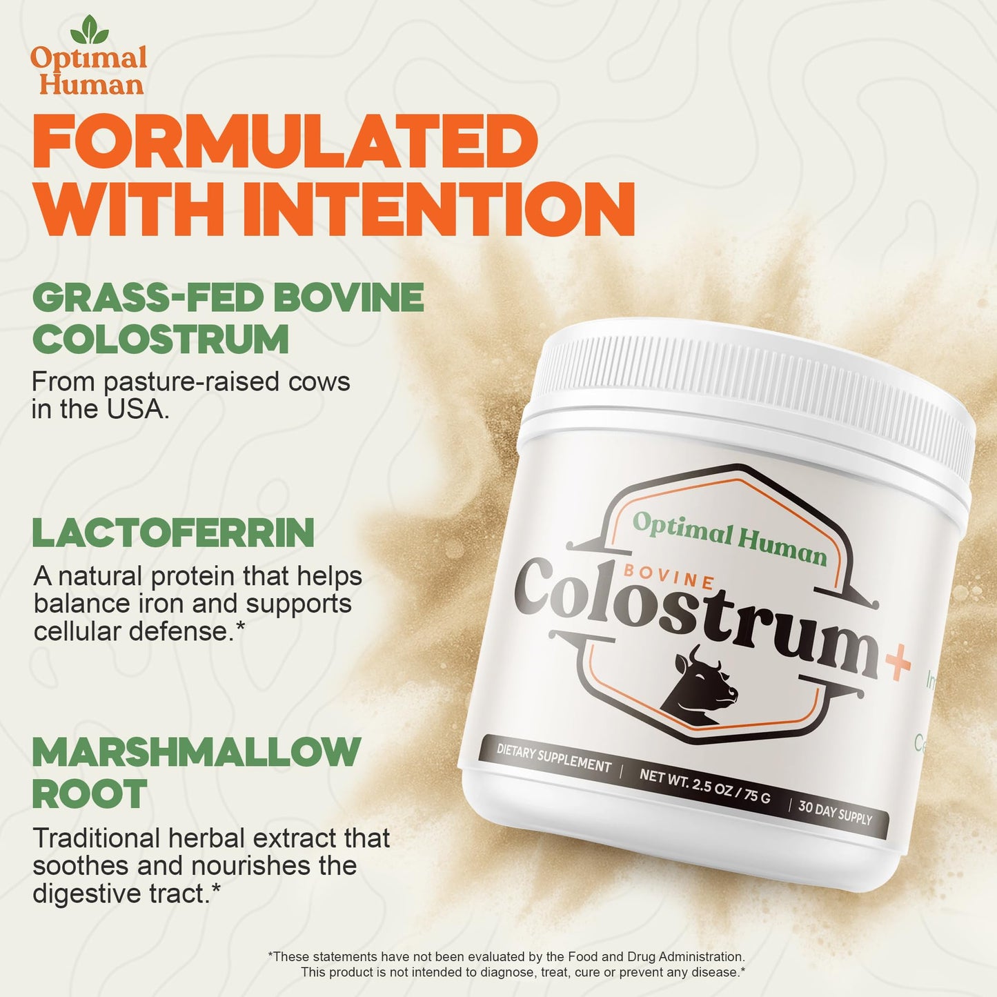O H Optimal Human Bovine Colostrum Powder with Marshmallow Root – Gut & Immune Support Colostrum Supplement Capsules with IgG & Protein – Non-GMO, GMP Certified, Made in USA – Unflavored 30 Servings O H buy supplements Au