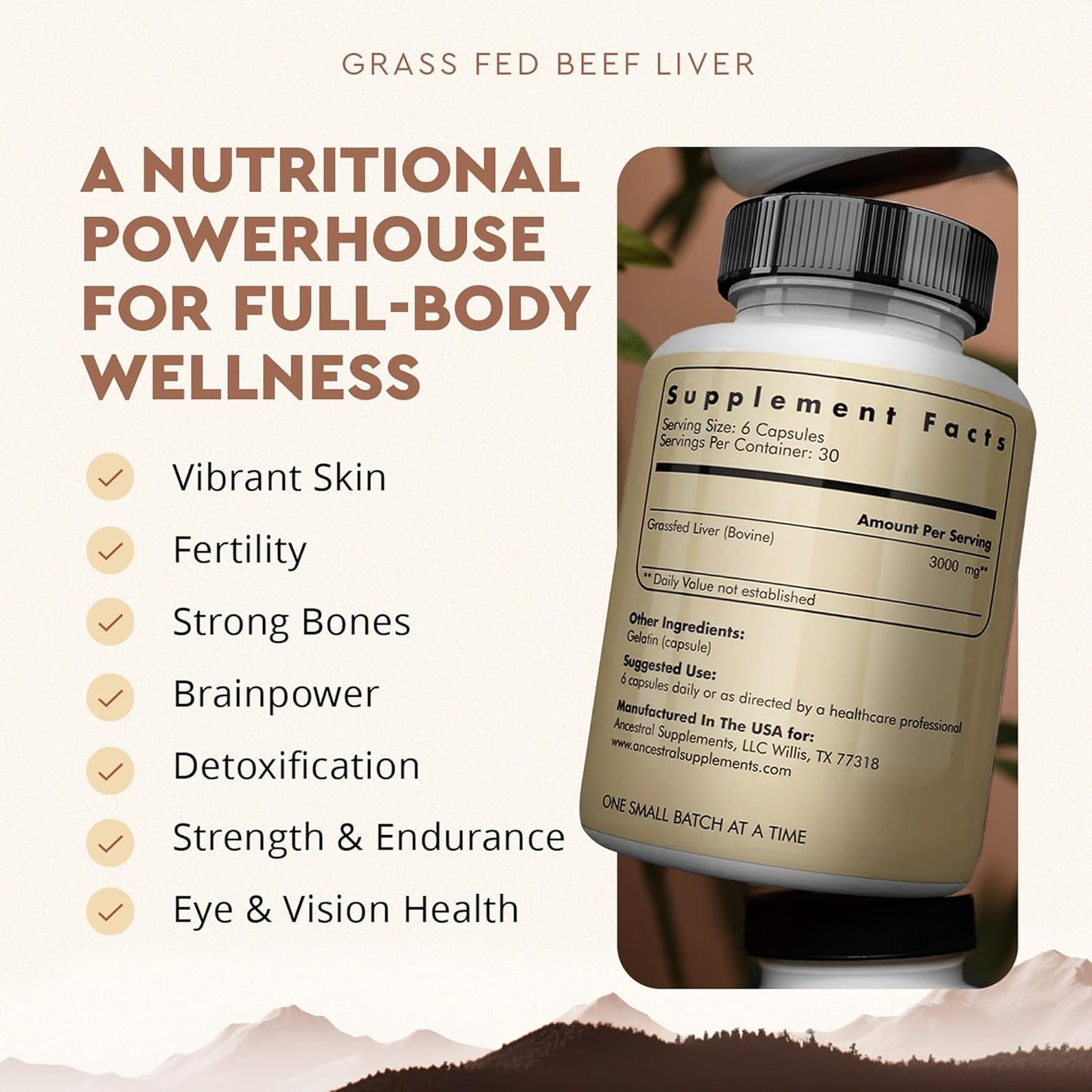 Ancestral Supplements Grass-Fed Beef Liver & Bone Marrow Capsules, 3000mg, Supports Energy, Digestion, Immunity, Skin, Oral Health, Joint Wellness, Non-GMO, Freeze-Dried, 180 Capsules