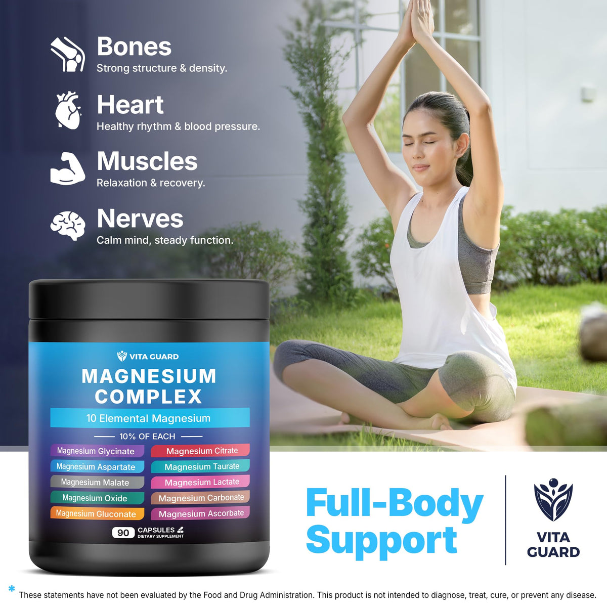 Vita Guard Magnesium Complex 1480mg – 10-in-1 with Glycinate, Citrate, Malate & More – High Absorption – Sleep, Muscle, Nerve & Heart Support – 90 Vegan Capsules – Non-GMO, Gluten-Free, No Sugar Vita Guard buy supplements Au