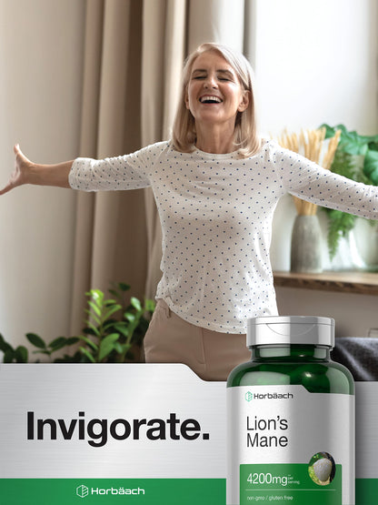 Horbäach Lions Mane Mushroom Extract | 120 Capsules | Vegetarian, Non-GMO, Gluten Free Supplement