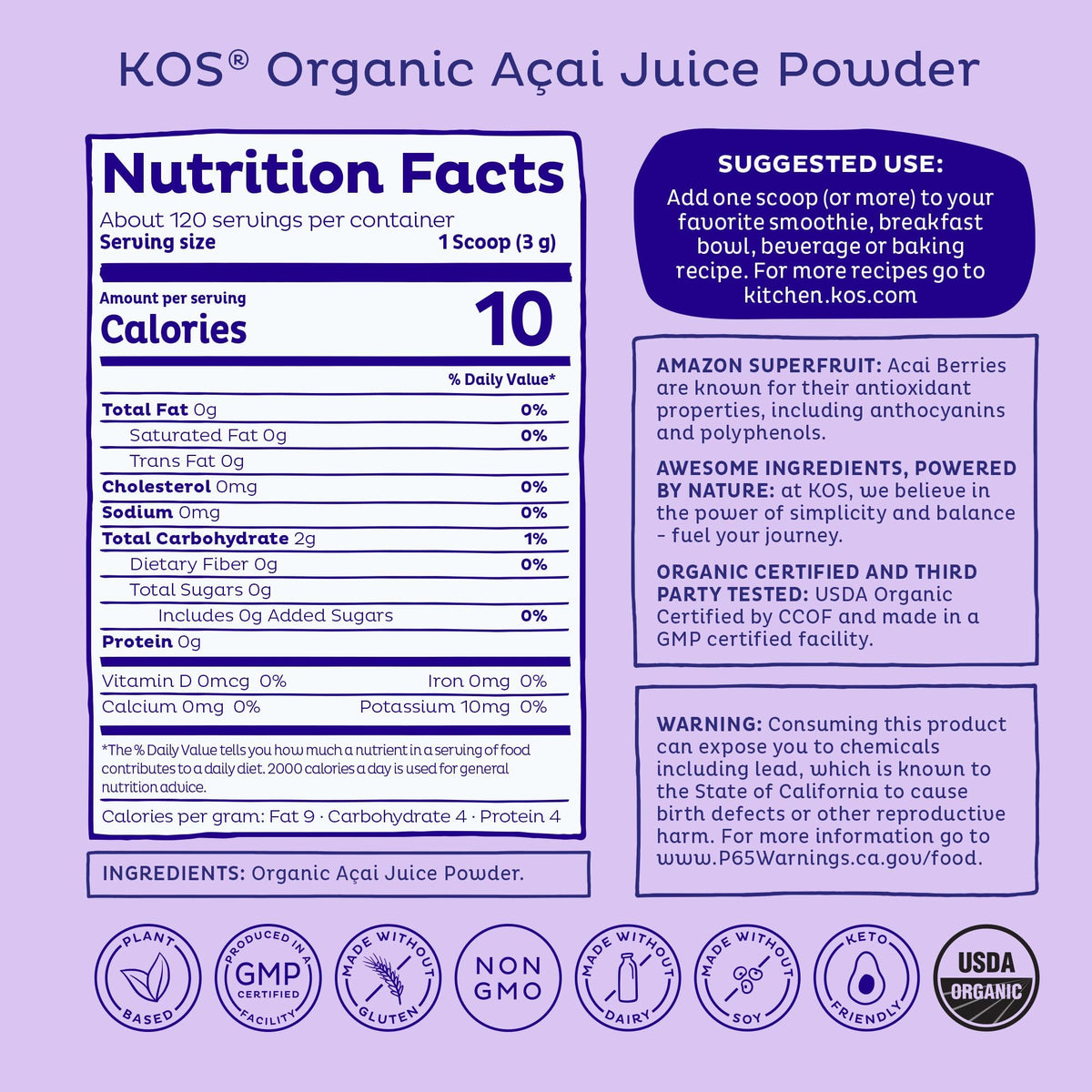KOS Organic Acai Juice Powder - USDA Certified Organic, Plant Based Superfood Antioxidants, Superberry from Brazil, Great for Smoothies and Bowls, 0g Sugar, Vegan, Gluten-Free, Non-GMO - 120 Servings KOS buy supplements Au