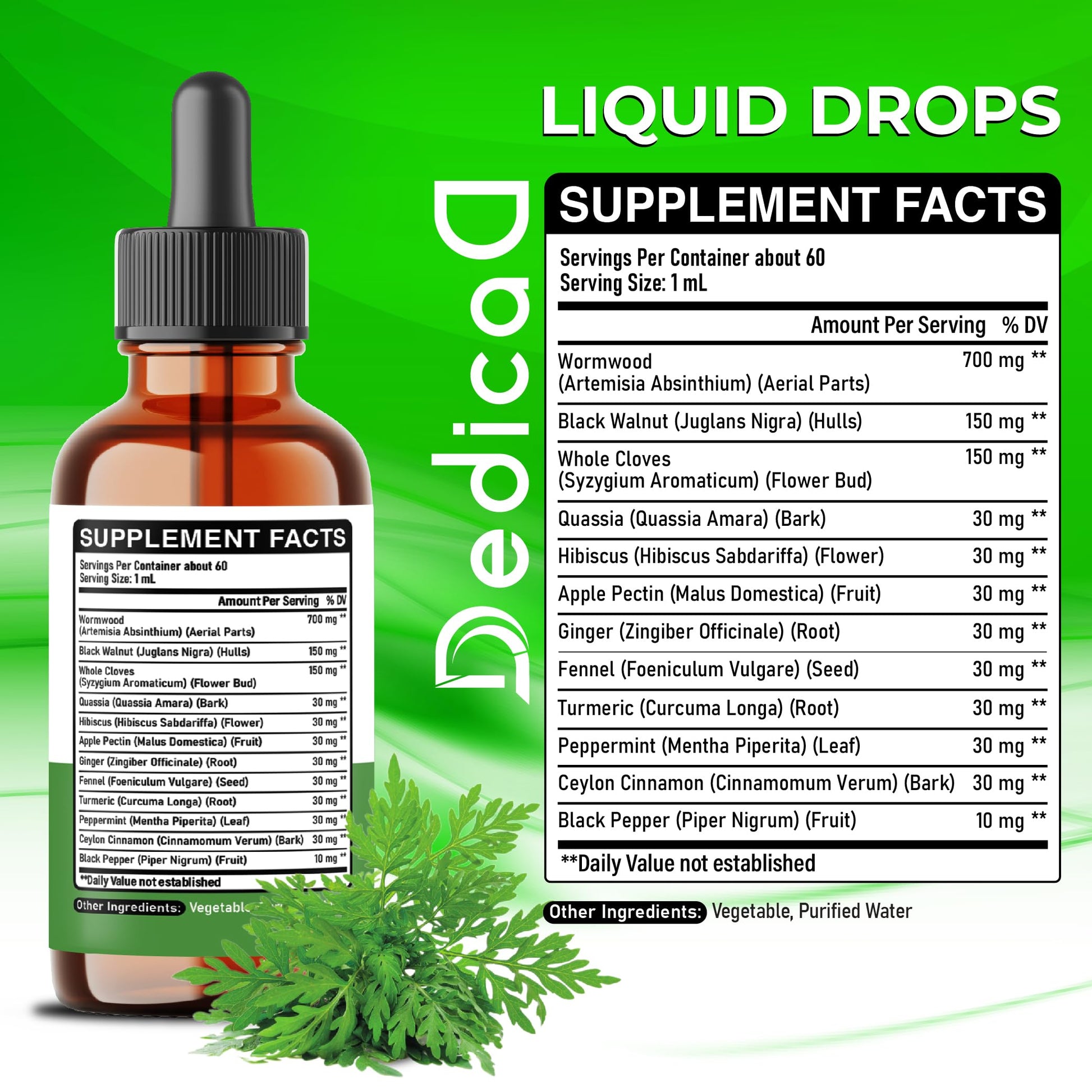 DEDICAD 12in1 Wormwood Liquid Drops - Black Walnut Wormwood Tincture Liquid Extract Whole Cloves and 9 More Herbs - 60 Days Supply DEDICAD buy supplements Au