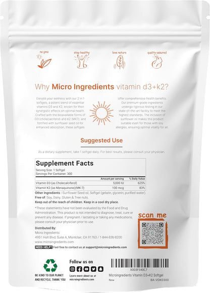 Micro Ingredients Vitamin D3 5,000iu + K2 100mcg Softgels & Pure Triple Magnesium Complex 400mg Capsules | 2 Pack Bundle | Essential D & K Sunshine Vitamins | Glycinate, Malate, & Taurate Forms