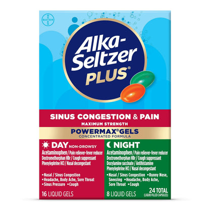 Alka-Seltzer Plus Maximum Strength PowerMax Sinus Congestion & Pain Medicine, Day + Night Liquid Gels - Powerful Relief for Cold and Flu, + Sinus Congestion for Adults and Children 12+ Years, 24 Count