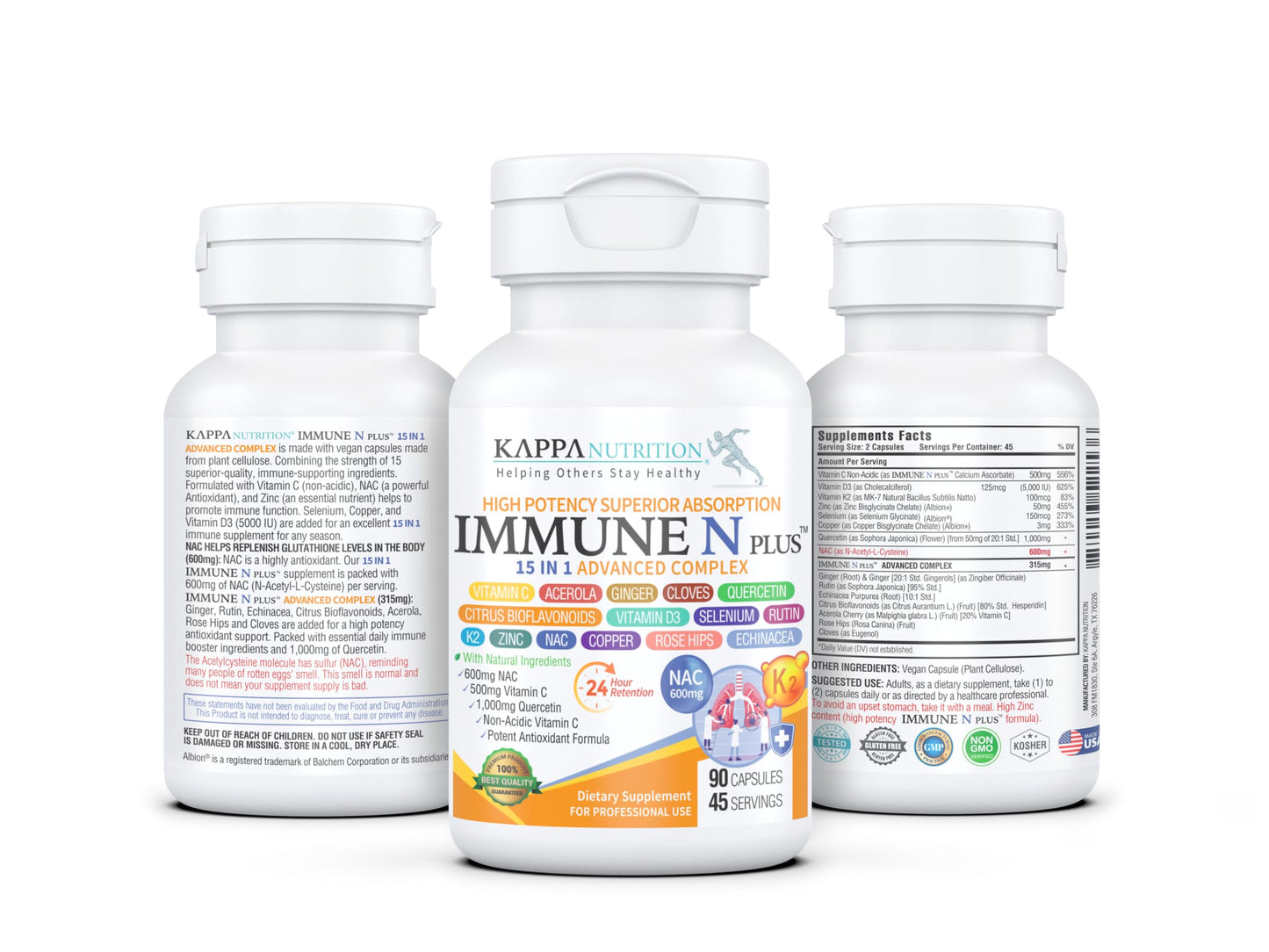 (90 Capsules), NAC 600mg, Quercetin 1,000mg, Vitamin C 500mg, Zinc 50mg, Vitamin D3 5,000iu, Selenium, Copper, Acerola, Ginger, Rutin, Citrus Bioflavonoids, Rose Hips, Echinacea, Immune N Plus 15 in 1 KAPPA NUTRITION buy supplements Au