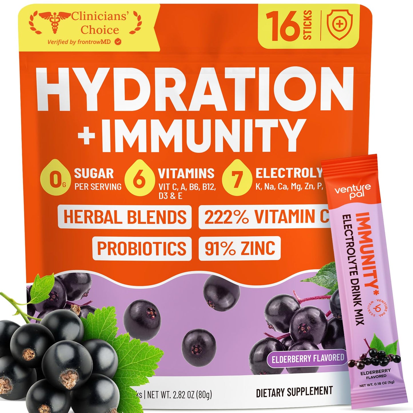 Venture Pal Sugar Free Hydration Packets+Immune-Liquid Daily IV Drink Mix | Electrolyte Powder with 7 Electrolytes & 6 Vitamins, Probiotics + Elderberry | Non-GMO, Keto Friendly, Vegan | 16 Sticks