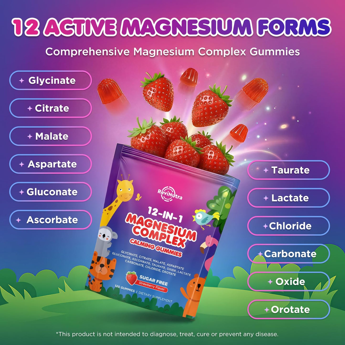 Magnesium Complex 700mg - 12 in 1 Magnesium Gummies with Glycinate, Citrate, Malate, Oxide, Taurate, Aspartate, Orotate - Supports Relaxation, Muscle & Heart - Sugar Free Strawberry 120 Count ReviNutra buy supplements Au