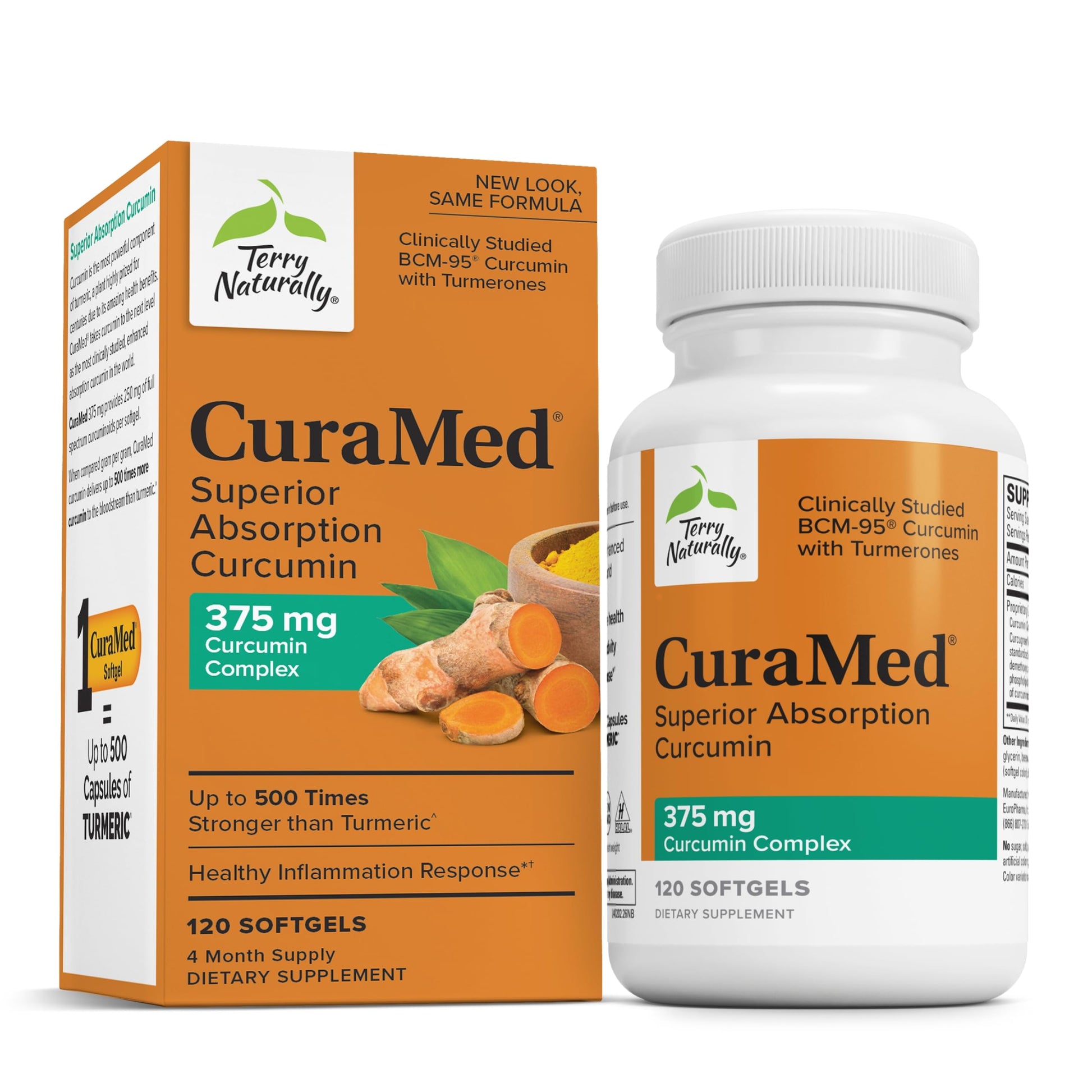 Terry Naturally CuraMed Superior Absorption Curcumin supplement packaging on a white background