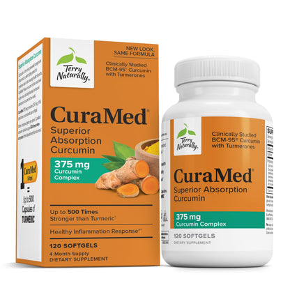 Terry Naturally CuraMed Superior Absorption Curcumin supplement packaging on a white background