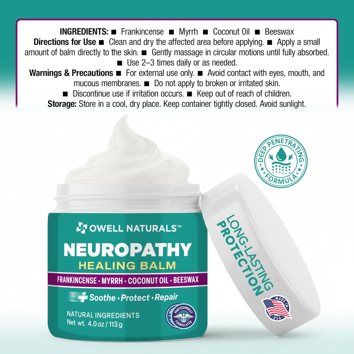 OWELL NATURALS Neuropathy Healing Balm, Fast Acting, with Frankincense, Myrrh, Coconut Oil & Beeswax, Natural Ingredients – Soothe, Protect & Repair, 4 oz (Pack of 1) Owell NaturalsBuy Supplements Australia
