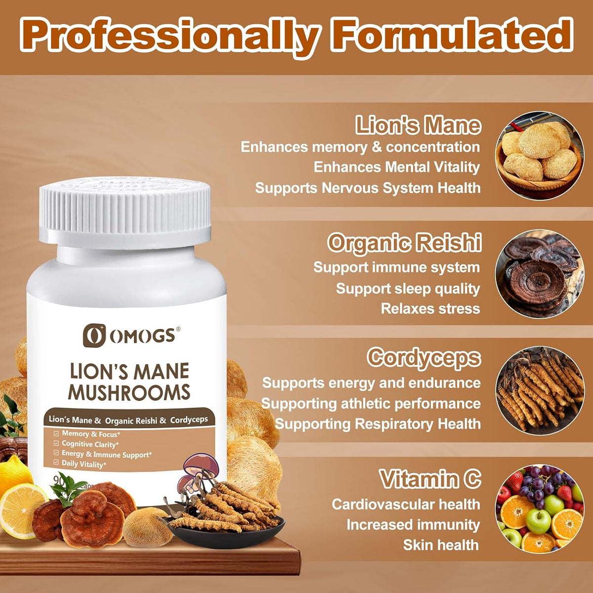 OMOGS Mushroom Complex Supplement Capsules 10:1 Extract, Lions Mane Supplement with Cordyceps, Reishi, for Brain Health, Memory Support, Focus & Immune System