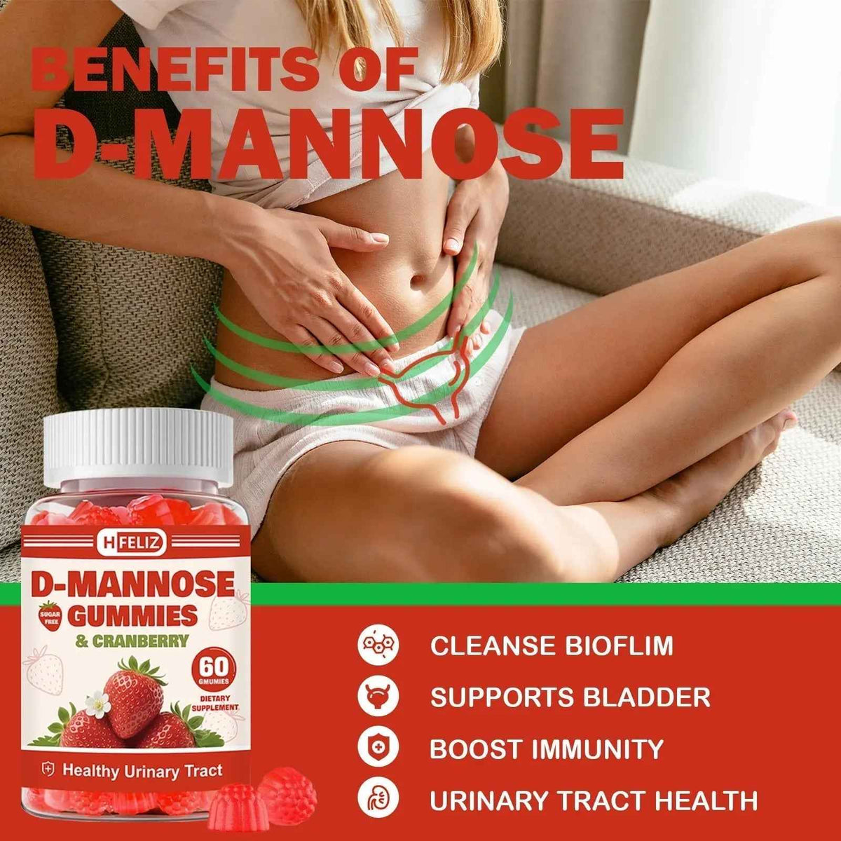 HFELIZ D Mannose with Cranberry Gummies, D-Mannose Supplements 1300mg for Women, Support Natural Urinary Tract & Bladder Health, Sugar-Free, 60 Count
